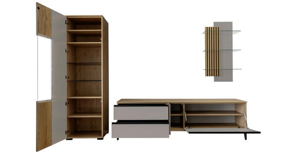 WOHNWAND in Greige, Wildeiche 277/200/45 cm - Wildeiche/Greige, Design, Glas/Holz (277/200/45cm) - Moderano