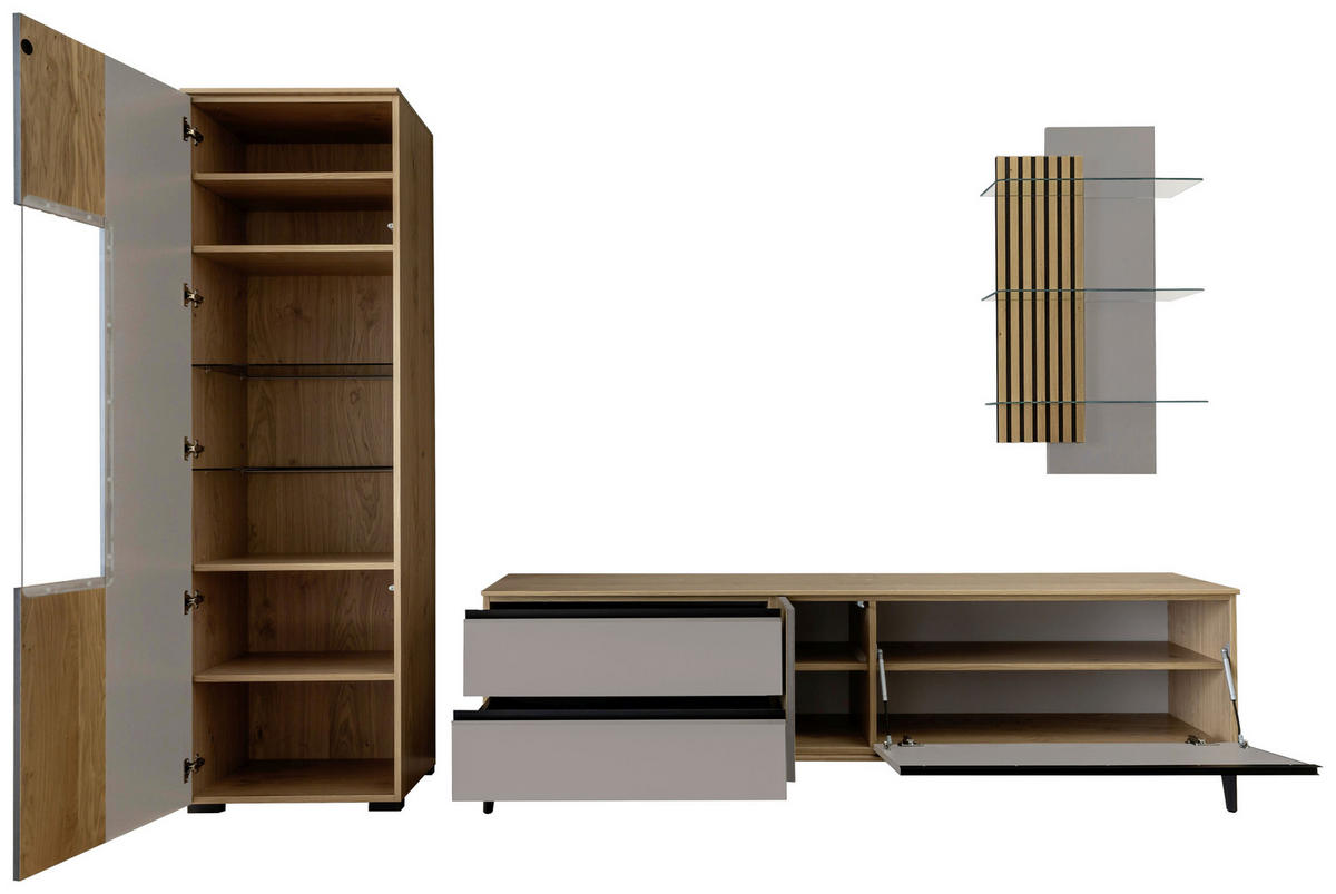 WOHNWAND  in Greige, Wildeiche 277/200/45 cm  - Wildeiche/Greige, Design, Glas/Holz (277/200/45cm) - Moderano