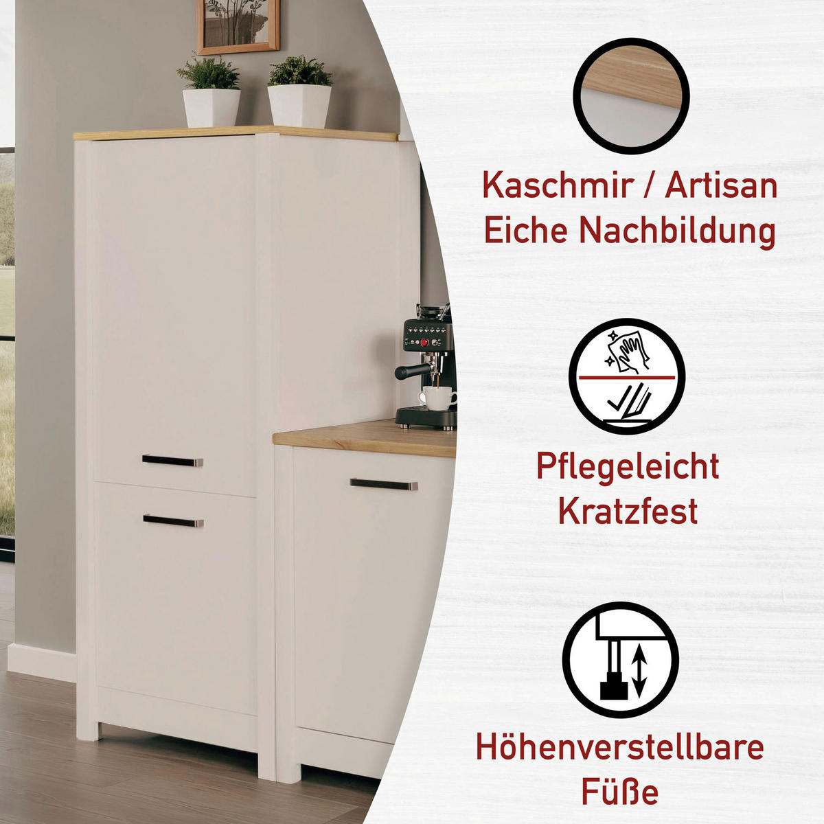 KÜCHENLEERBLOCK 300 cm   in Kaschmir, Eiche Artisan  - Kaschmir/Silberfarben, MODERN, Glas/Holzwerkstoff (300cm) - home24