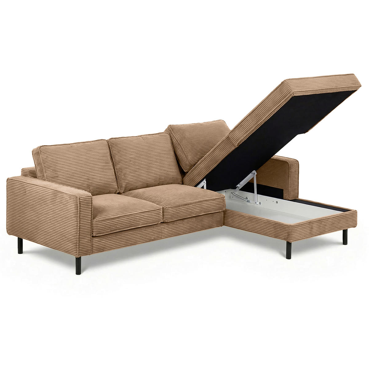 ECKSOFA Hellbraun Cord Bettkasten, Schlaffunktion, Rücken echt  - Hellbraun/Schwarz, Design, Textil/Metall (238/166cm) - Livetastic