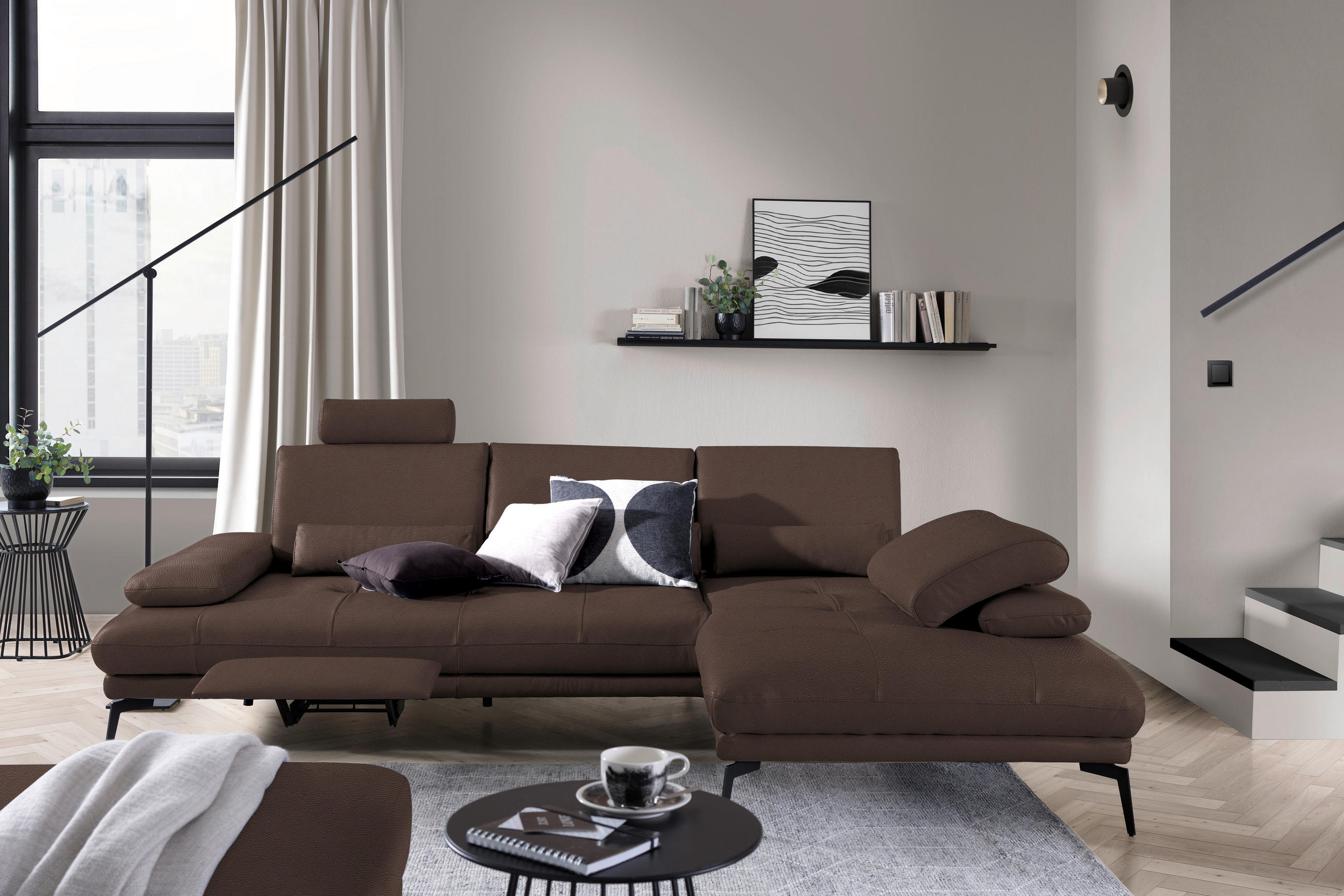 ECKSOFA in Echtleder Braun  - Schwarz/Braun, Design, Leder/Metall (273/187cm) - Celina Home