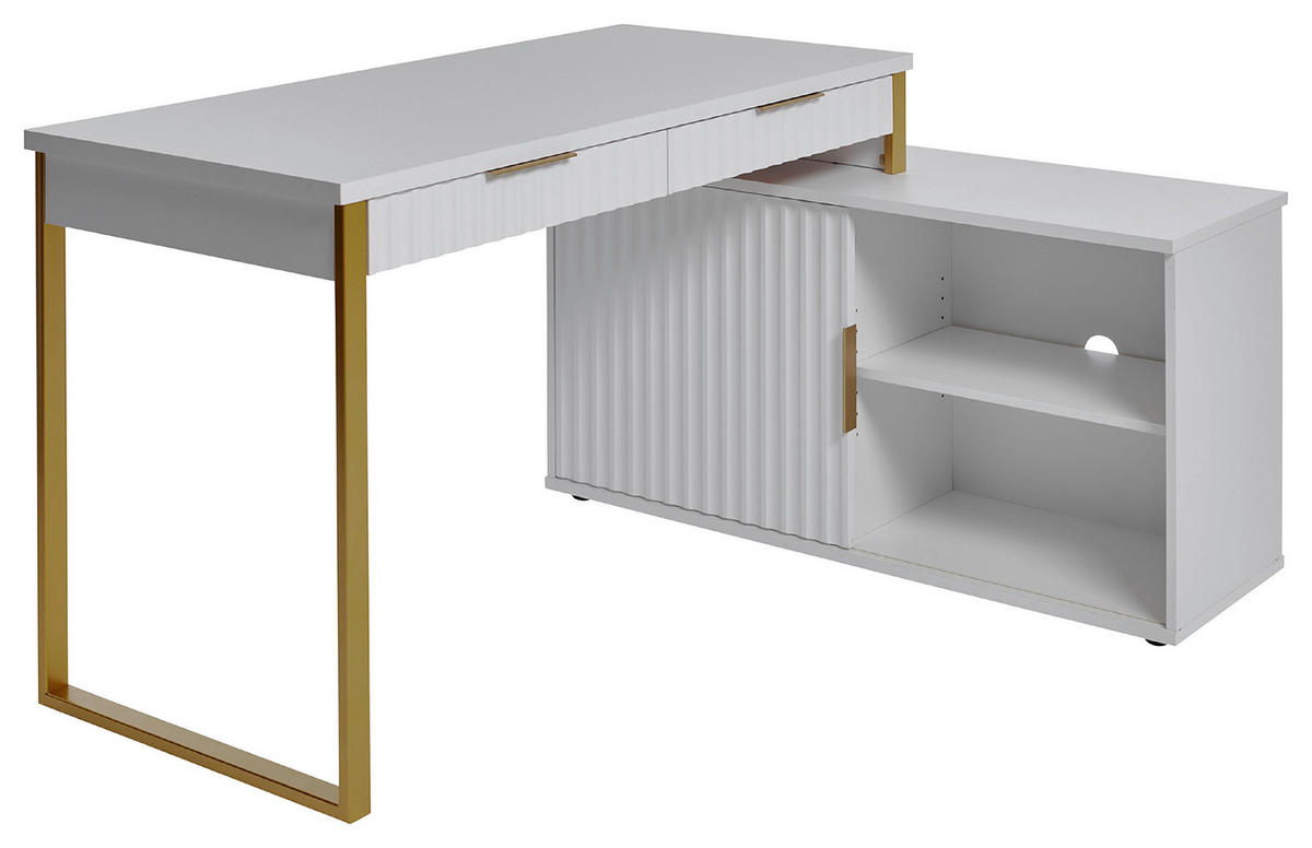 ECKSCHREIBTISCH 144/115/77 cm  in Weiß, Goldfarben  - Goldfarben/Weiß, MODERN, Holzwerkstoff/Metall (144/115/77cm) - MID.YOU