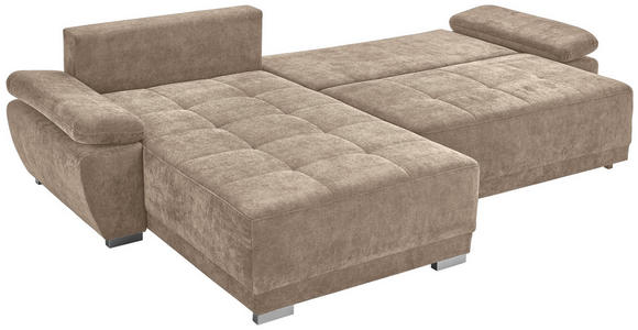 ECKSOFA Graubraun Chenille Rückenkissen, Bettkasten, Schlaffunktion, Rücken echt, Armteilverstellung, Liegefläche im Originalstoff  - Graubraun/Silberfarben, KONVENTIONELL, Holz/Textil (187/293cm) - Carryhome