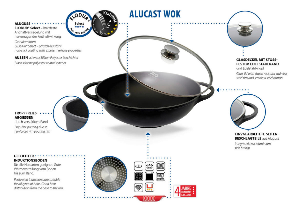 WOK Alucast Keramikbeschichtung 32 cm  - Schwarz, Basics, Metall (32cm) - ELO