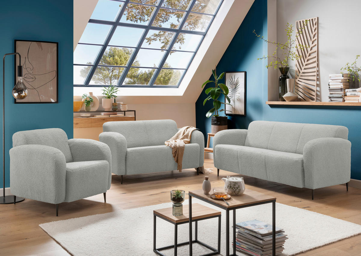 3-SITZER-SOFA Teddystoff Hellgrau  - Hellgrau/Schwarz, MODERN, Textil/Metall (180/76/90cm) - Livetastic