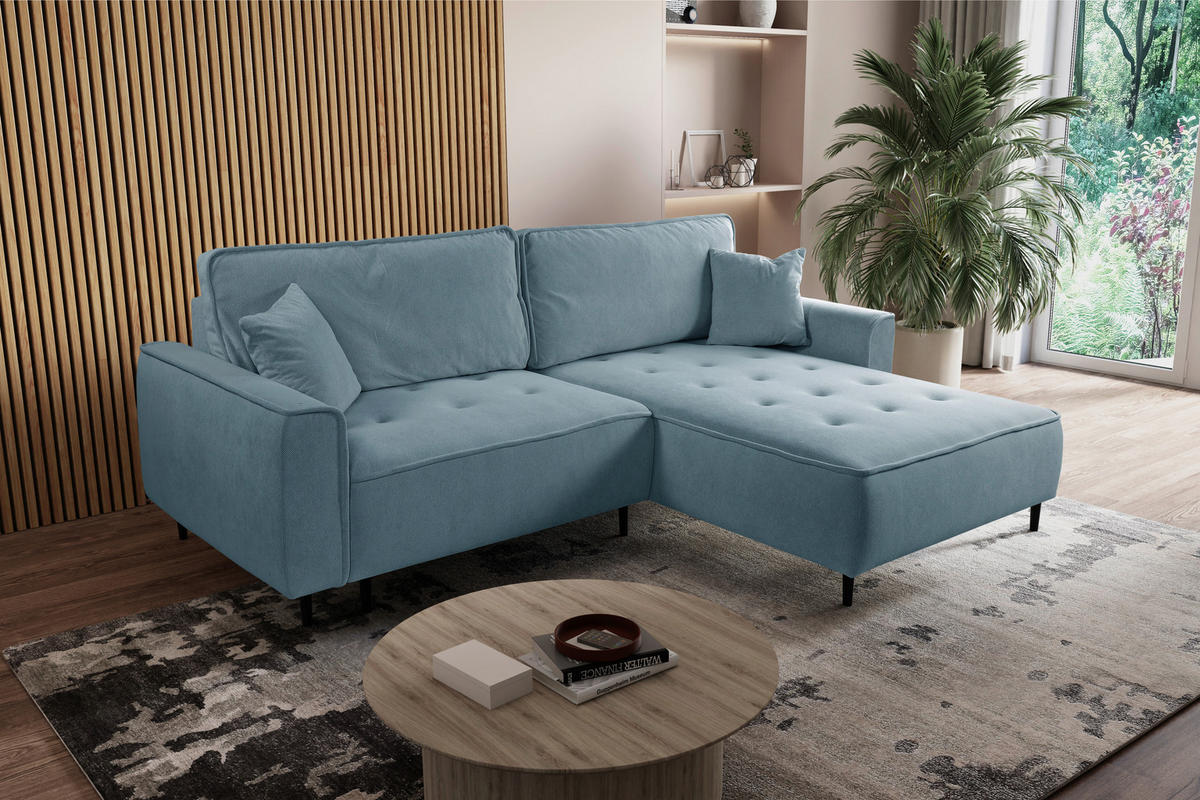 ECKSOFA in Flachgewebe Blau  - Blau/Schwarz, Design, Holz/Textil (263/183cm) - MID.YOU