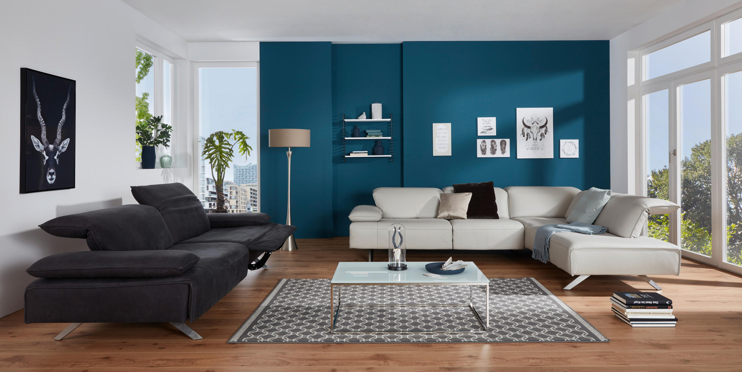 ECKSOFA Biella Hellgrau Echtleder  - Dunkelgrau/Anthrazit, Design, Leder/Metall (295/231cm) - Johann Jakob