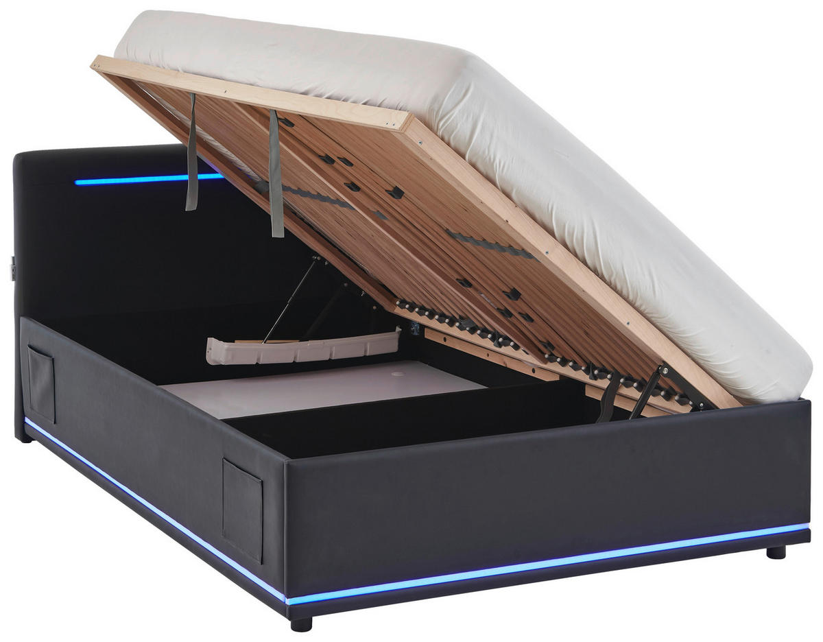 POLSTERBETT 120/200 cm,  in Schwarz, Beleuchtung, Lattenrost, Bettkasten,  - Birkefarben/Buchefarben, Design, Holz/Kunststoff (120/200cm) - Xora