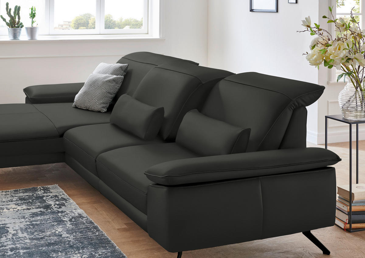 ECKSOFA in Echtleder Graubraun  - Graubraun/Schwarz, Design, Leder/Metall (193/328cm) - Dieter Knoll
