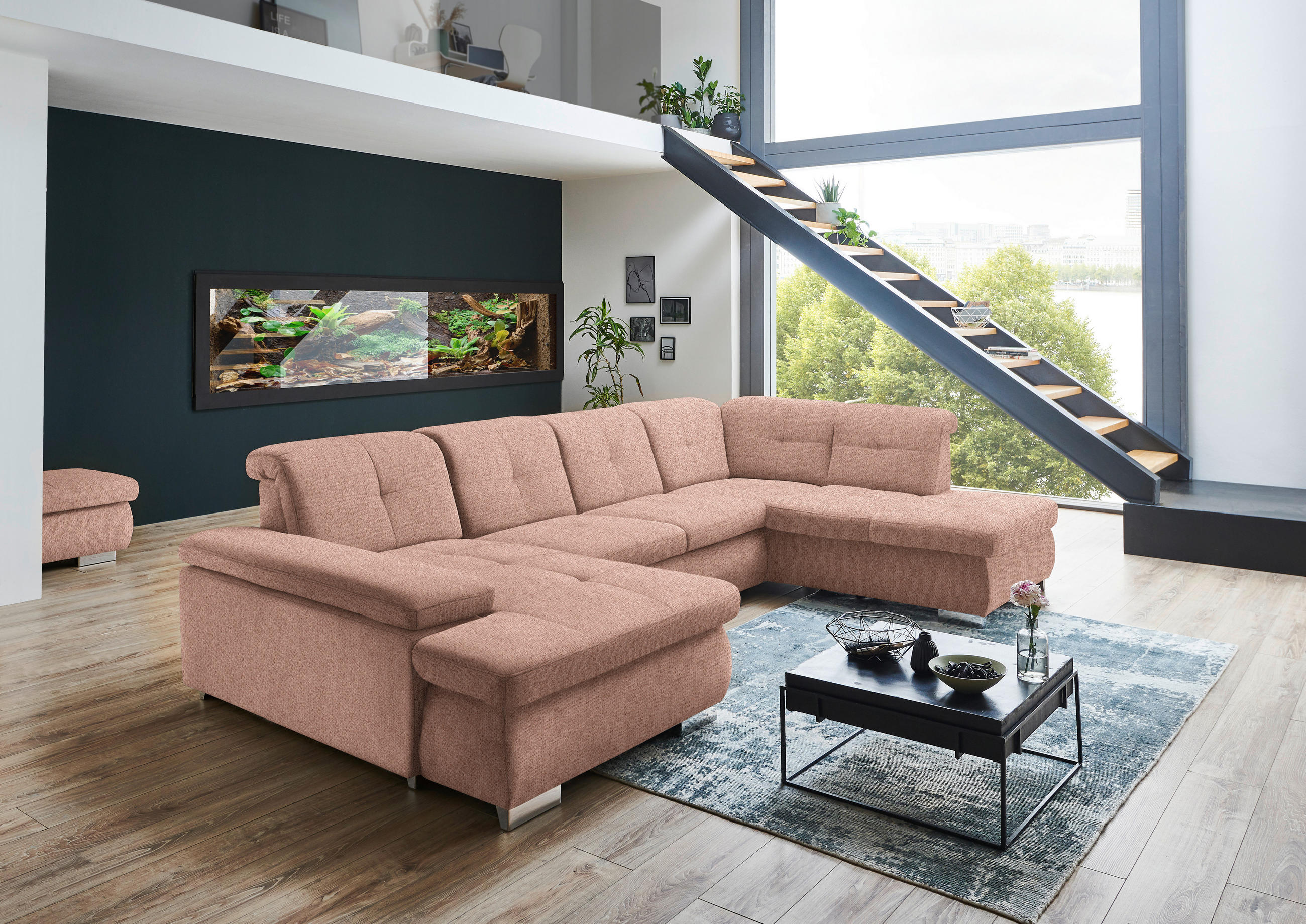 WOHNLANDSCHAFT Orange Webstoff  - Schwarz/Orange, Design, Textil/Metall (174/337/210cm) - Beldomo Style