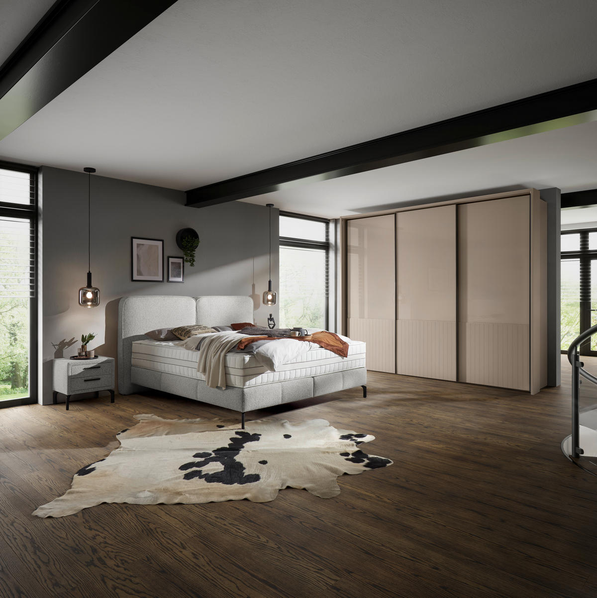 BOXSPRINGBETT 180/200 cm,  in Hellgrau, H2 + H3 = mittel + fest  - Hellgrau/Schwarz, KONVENTIONELL, Textil/Metall (180/200cm) - Voleo