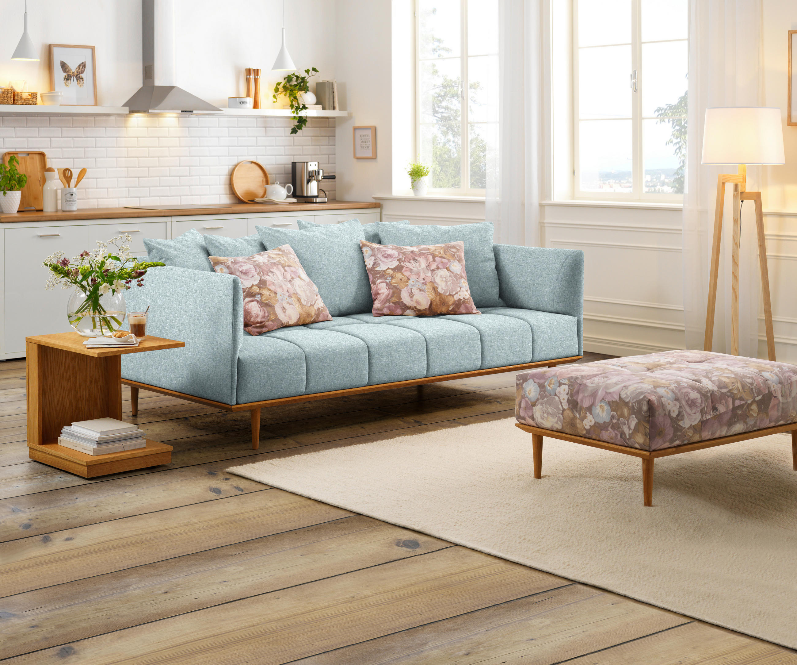 BIGSOFA Flachgewebe Hellblau  - Hellblau, MODERN, Holz/Textil (220/77/120cm) - Joka