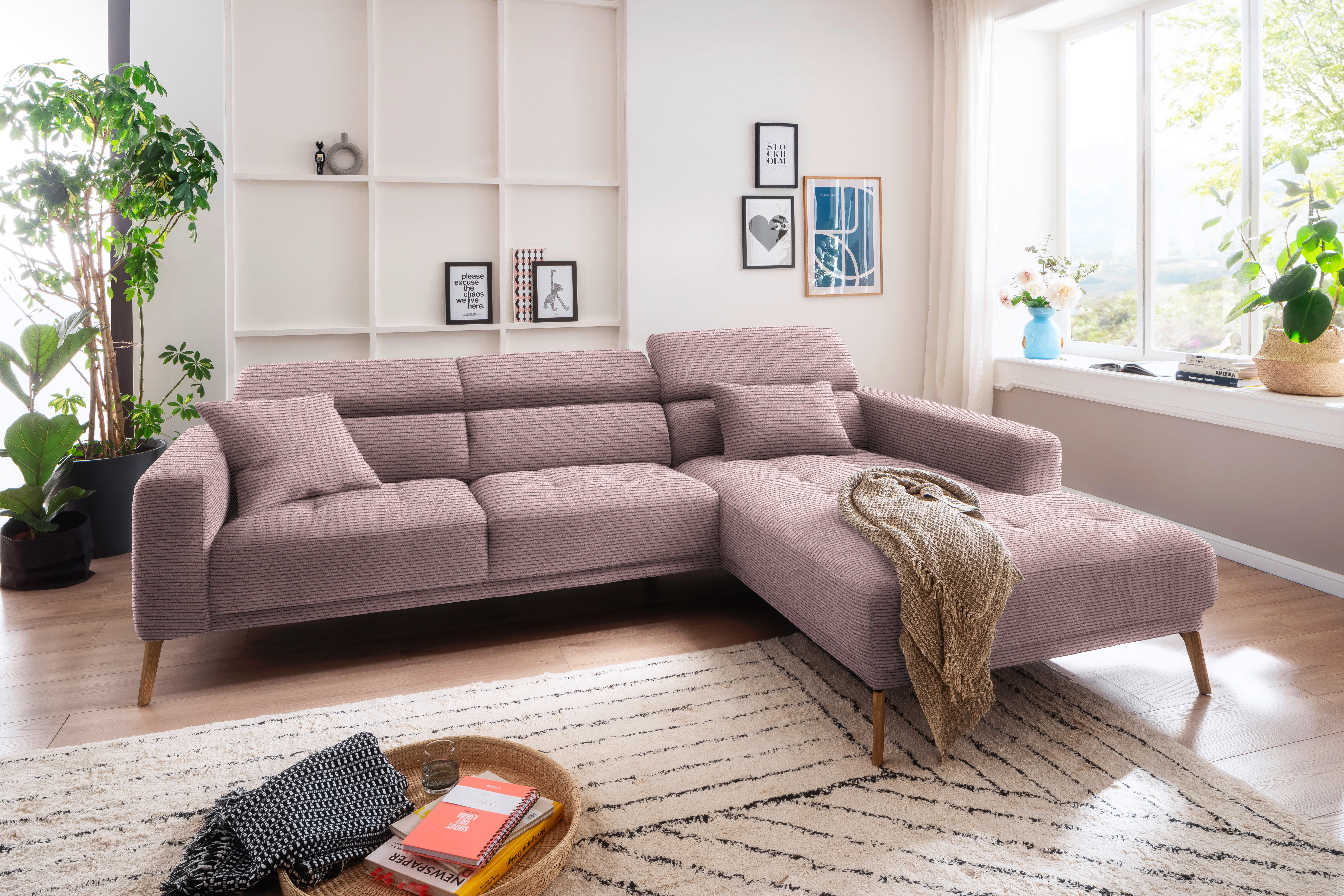 ECKSOFA Altrosa Cord  - Eichefarben/Altrosa, Design, Holz/Textil (292/203cm) - Pure Home Lifestyle
