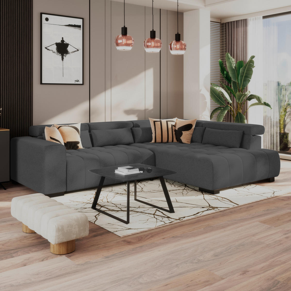 ECKSOFA MATERA Graphitfarben Chenille, Struktur Nierenkissen, Kopfteilverstellung, Sitzvorzug  - Schwarz/Graphitfarben, Trend, Holz/Textil (311/226cm) - MID.YOU