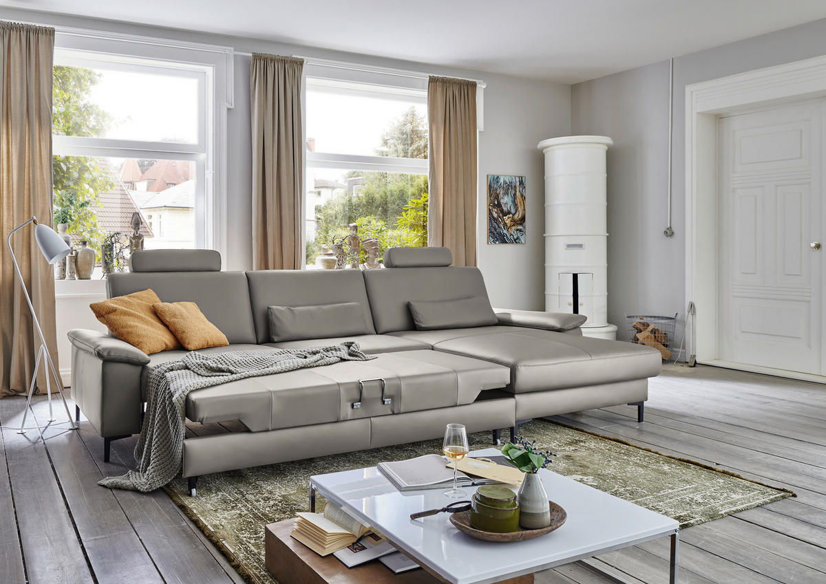 ECKSOFA in Echtleder Hellgrau  - Hellgrau/Schwarz, Design, Leder/Metall (334/176cm) - Dieter Knoll