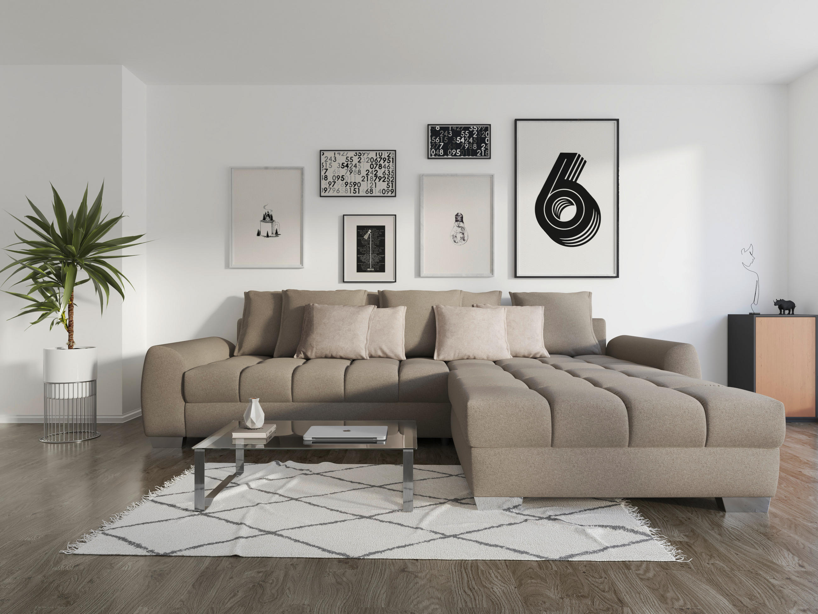 Thumbnail - Carryhome Ecksofa, Taupe, Textil, 4-Sitzer, Füllung: Schaumstoff,Silikon, L-Form, einmalig seitenverkehrt montierbar, 32...