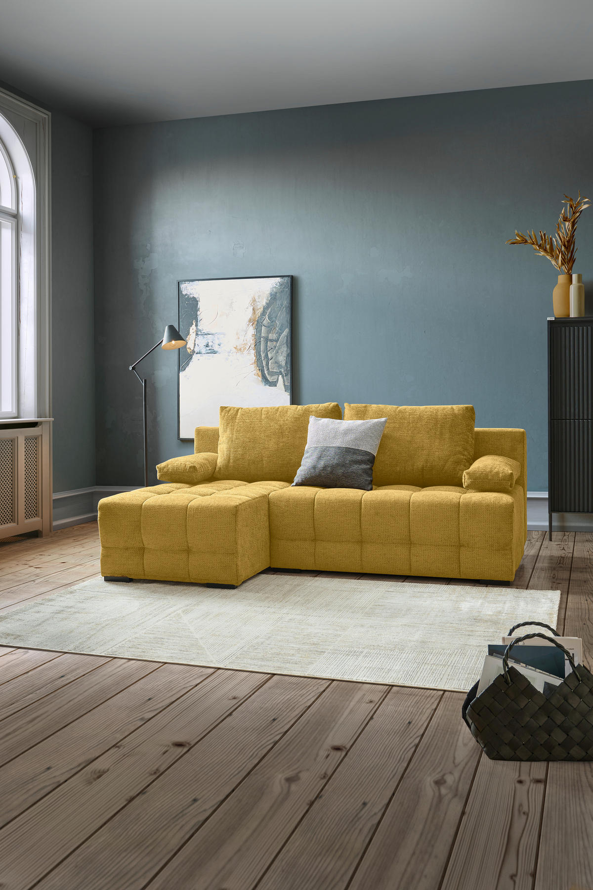 ECKSOFA Senfgelb Chenille  - Senfgelb/Schwarz, MODERN, Kunststoff/Textil (145/204cm) - home24