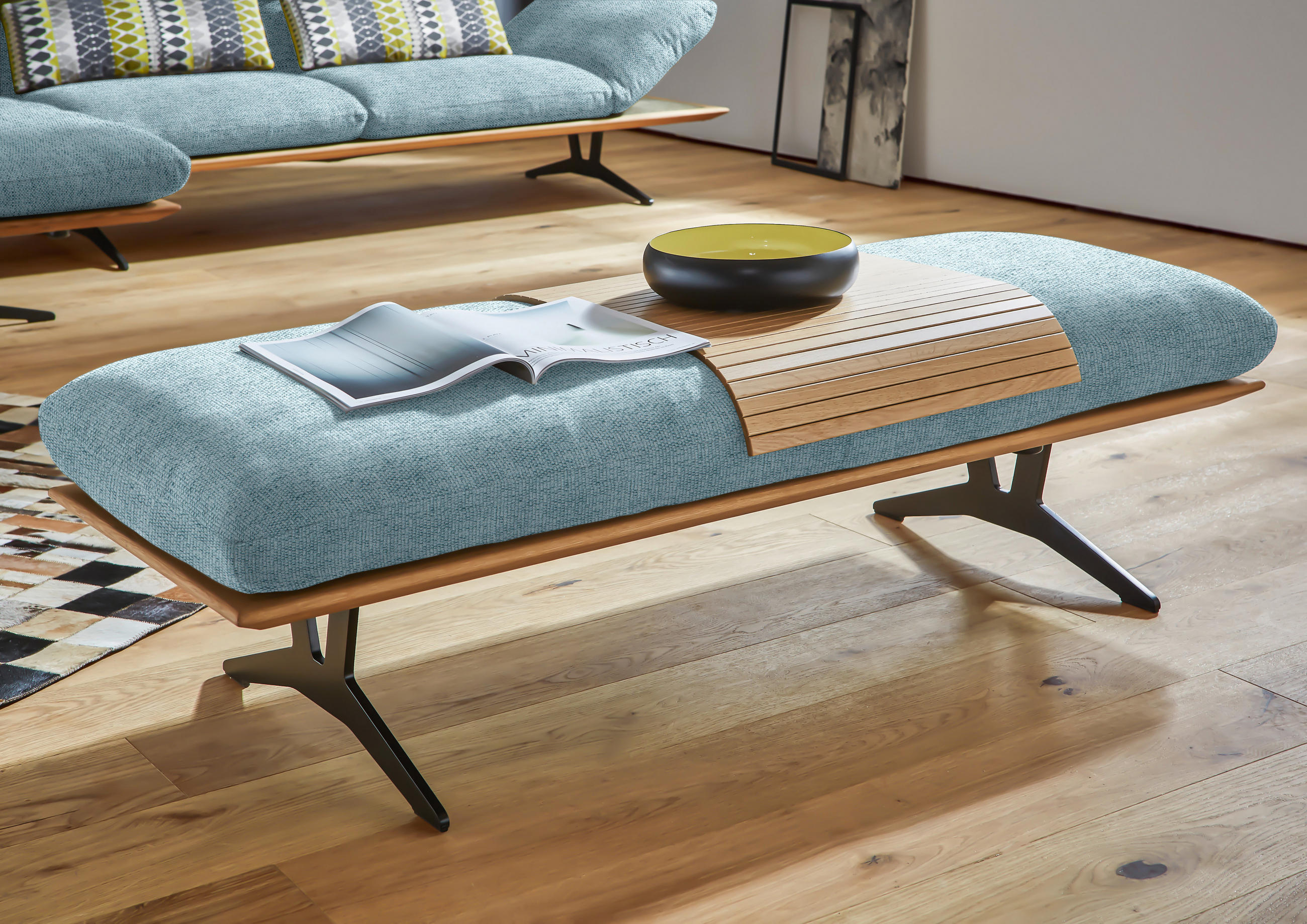 HOCKERBANK in Holz, Textil Hellblau  - Schwarz/Hellblau, Design, Holz/Textil (150/43/60cm) - Dieter Knoll