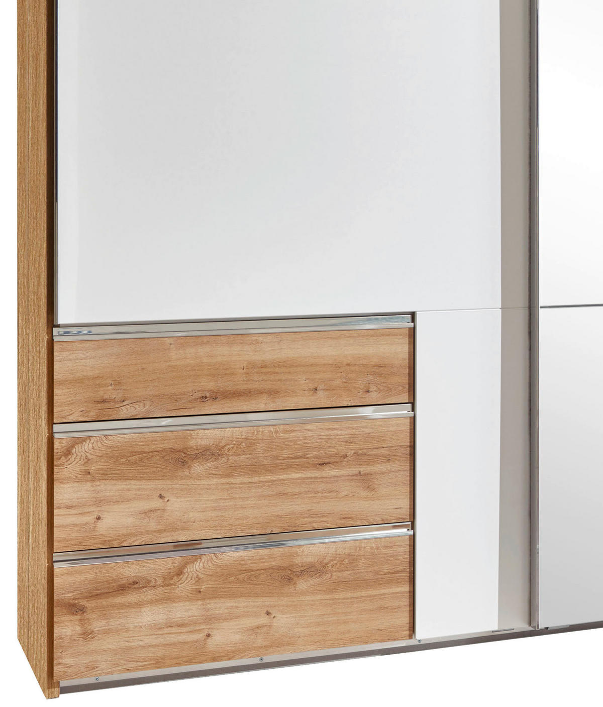 SCHWEBETÜRENSCHRANK 300/216/65 cm 3-türig Weiß, Eichefarben  - Chromfarben/Eichefarben, MODERN, Glas/Holzwerkstoff (300/216/65cm) - MID.YOU