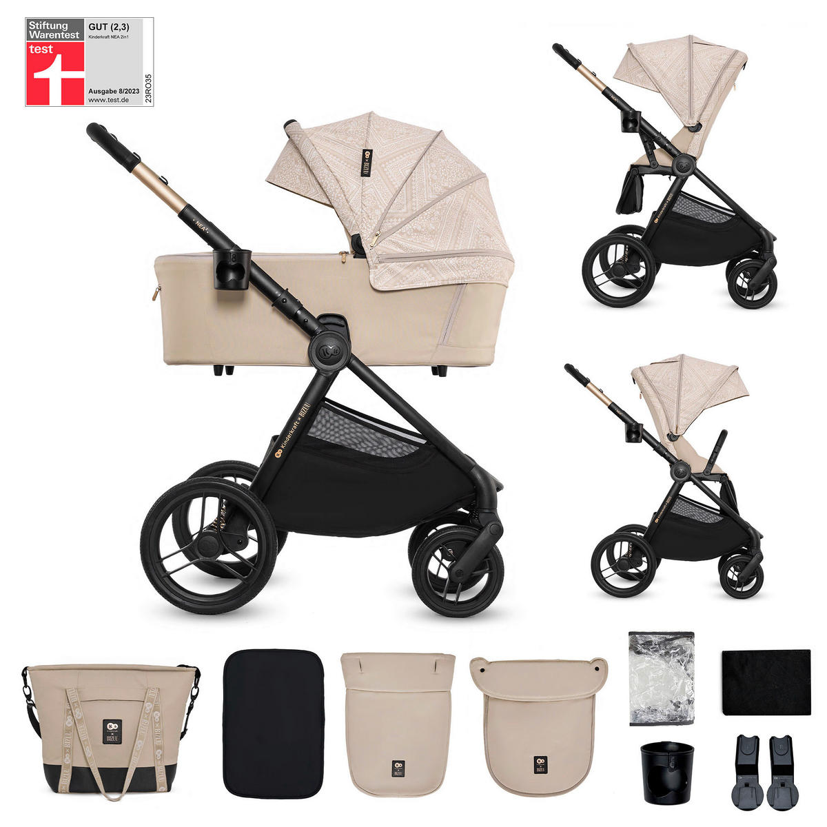 KINDERWAGENSET Nea 2 Bizuu  - Schwarz Hochglanz/Beigebraun, Basics, Kunststoff/Textil (81/60/112cm) - Kinderkraft