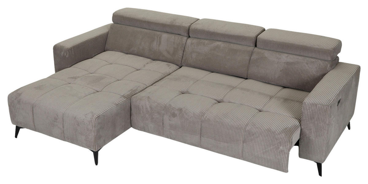 ECKSOFA Taupe Cord Rücken echt, Kopfteilverstellung, Sitzvorzug  - Taupe/Schwarz, KONVENTIONELL, Textil/Metall (170/257cm) - Carryhome