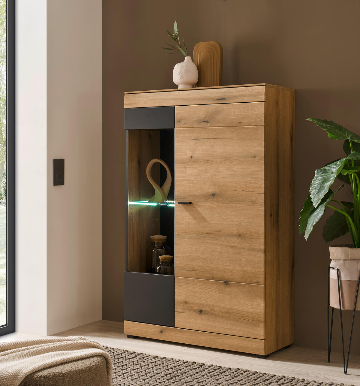 VITRINE  in Graphitfarben, Eichefarben - Eichefarben/Schwarz, Design, Glas/Holzwerkstoff (90/141/35cm) - MID.YOU