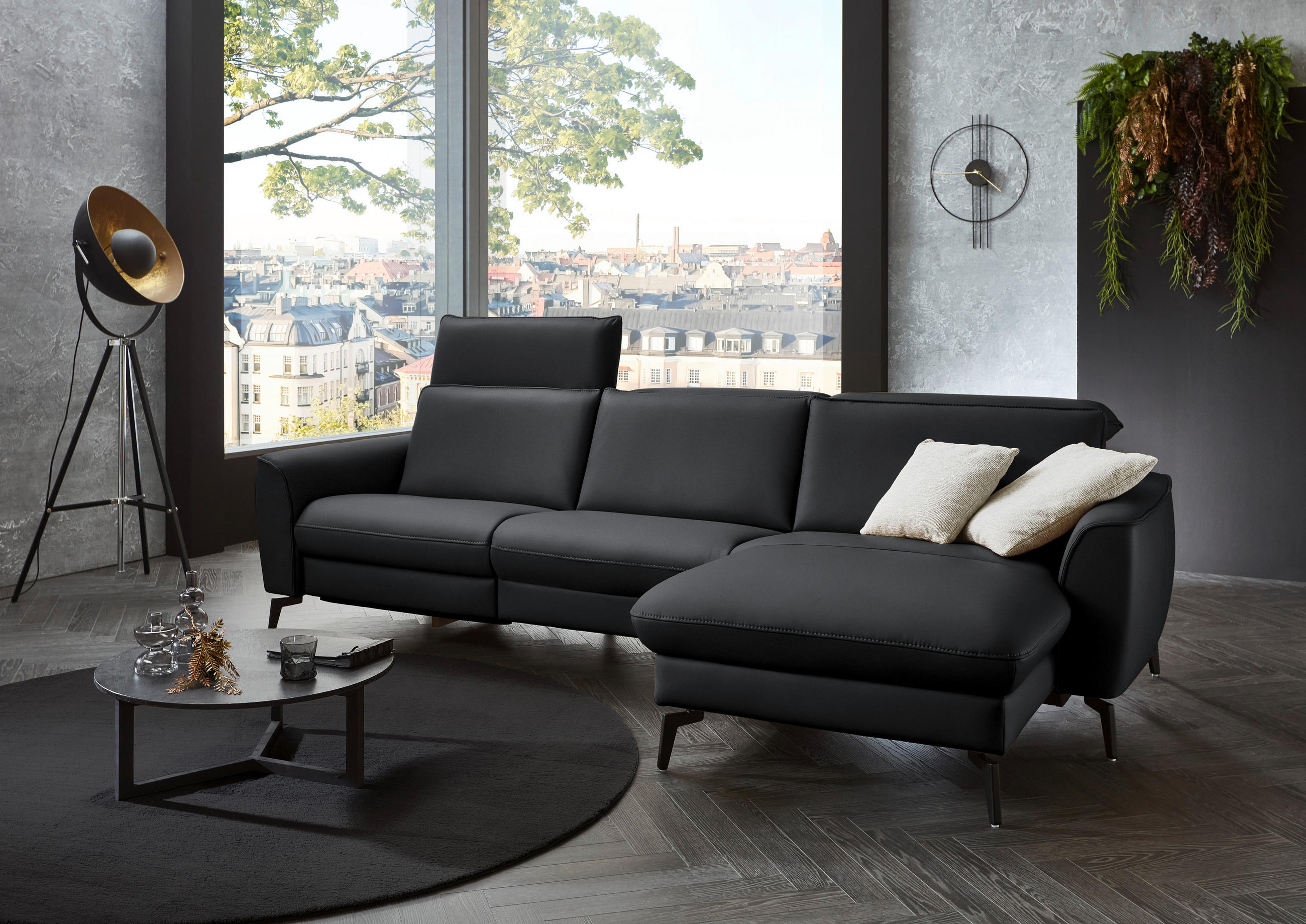 ECKSOFA in Echtleder Schieferfarben  - Schieferfarben/Schwarz, Natur, Leder/Metall (281/168cm) - Valdera