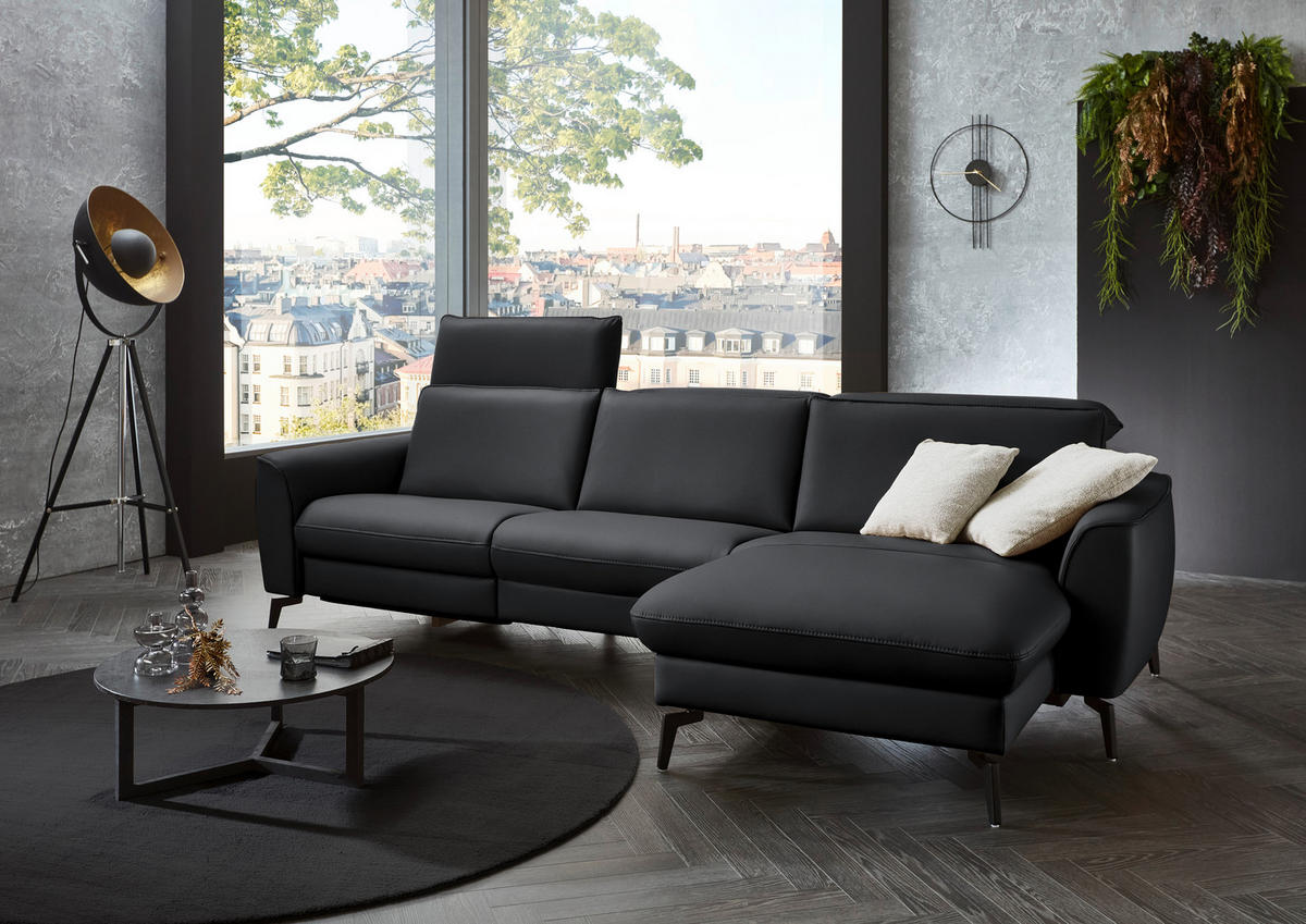 ECKSOFA in Echtleder Schieferfarben  - Schieferfarben/Schwarz, Natur, Leder/Metall (281/168cm) - Valdera