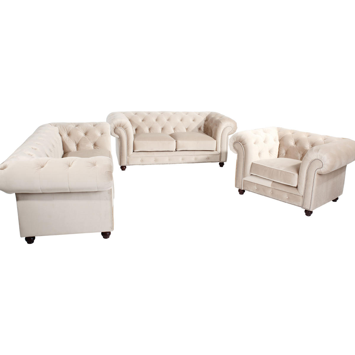 CHESTERFIELD-SOFA Orleans Creme Samt, Velours  - Nussbaumfarben/Creme, Design, Holz/Textil (216/77/100cm) - Max Winzer