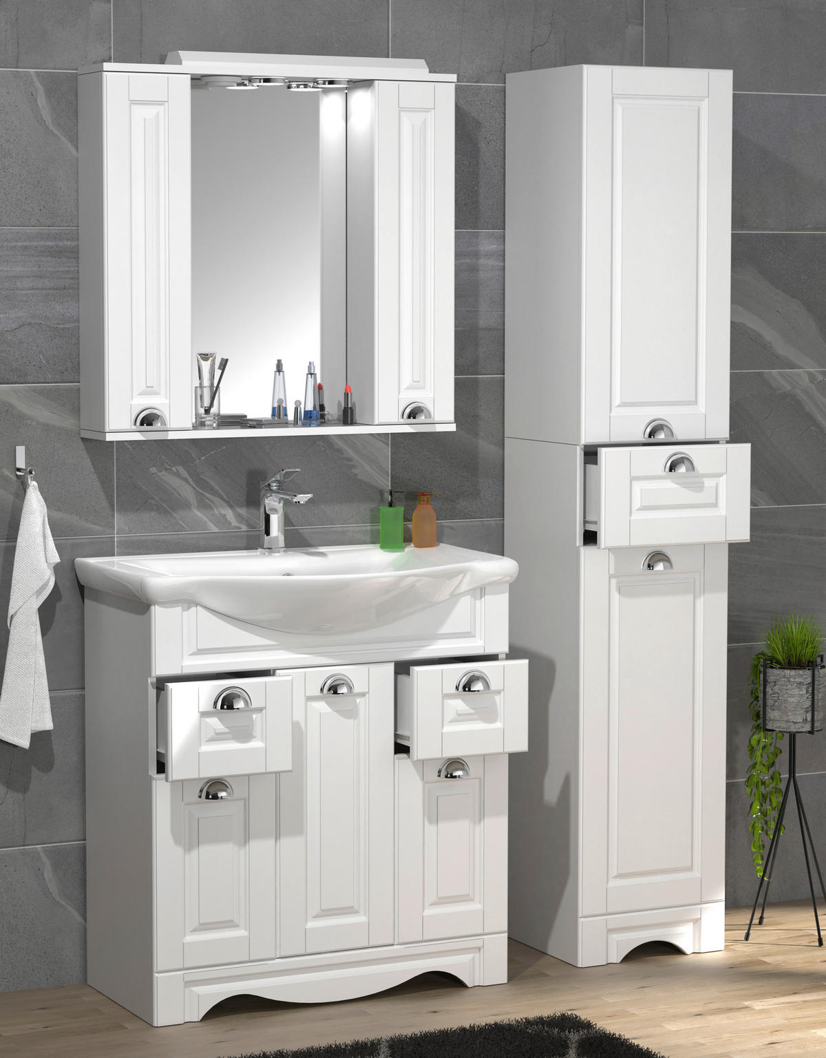 BADEZIMMER 4-teilig  in 110 cm  - Silberfarben/Weiß, MODERN, Glas/Keramik (110cm) - MID.YOU