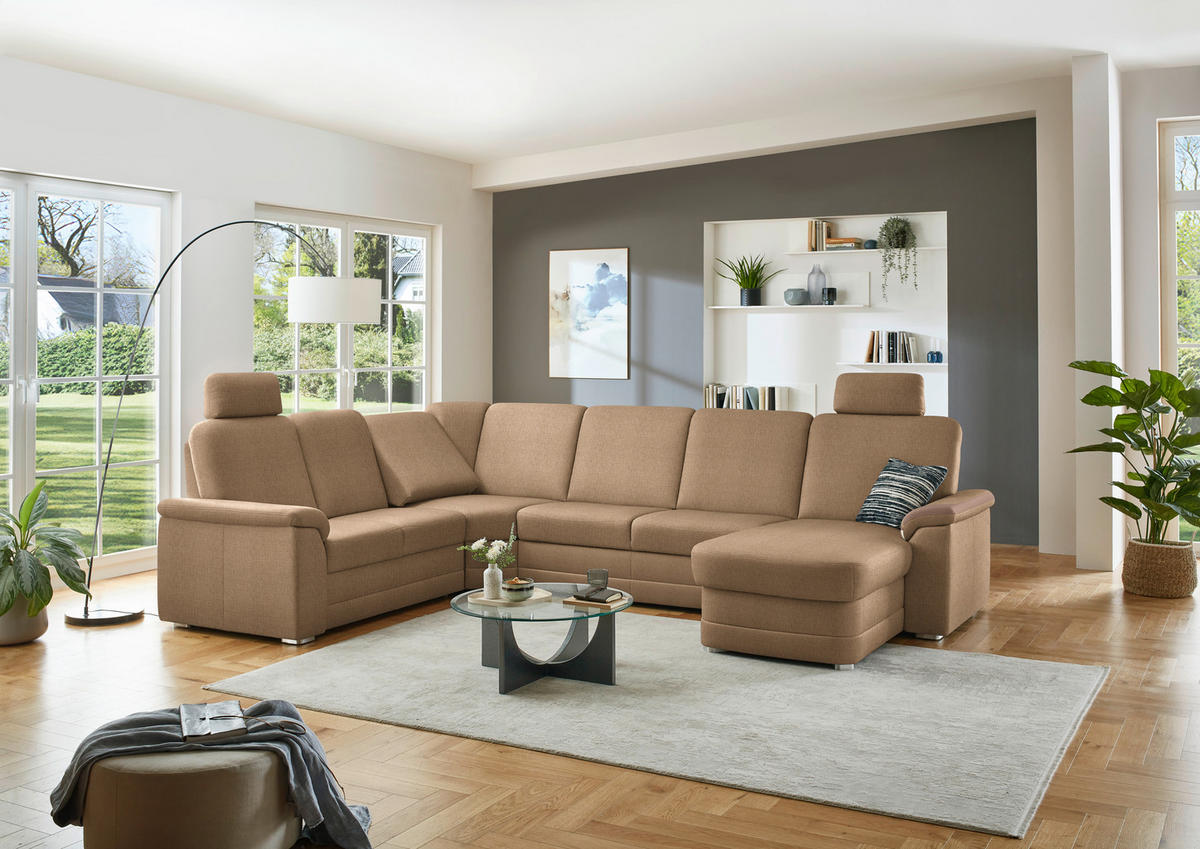 WOHNLANDSCHAFT  in Chenille Altrosa, Hellbraun  - Hellbraun/Alufarben, KONVENTIONELL, Holz/Textil (235/329/160cm) - Beldomo Comfort