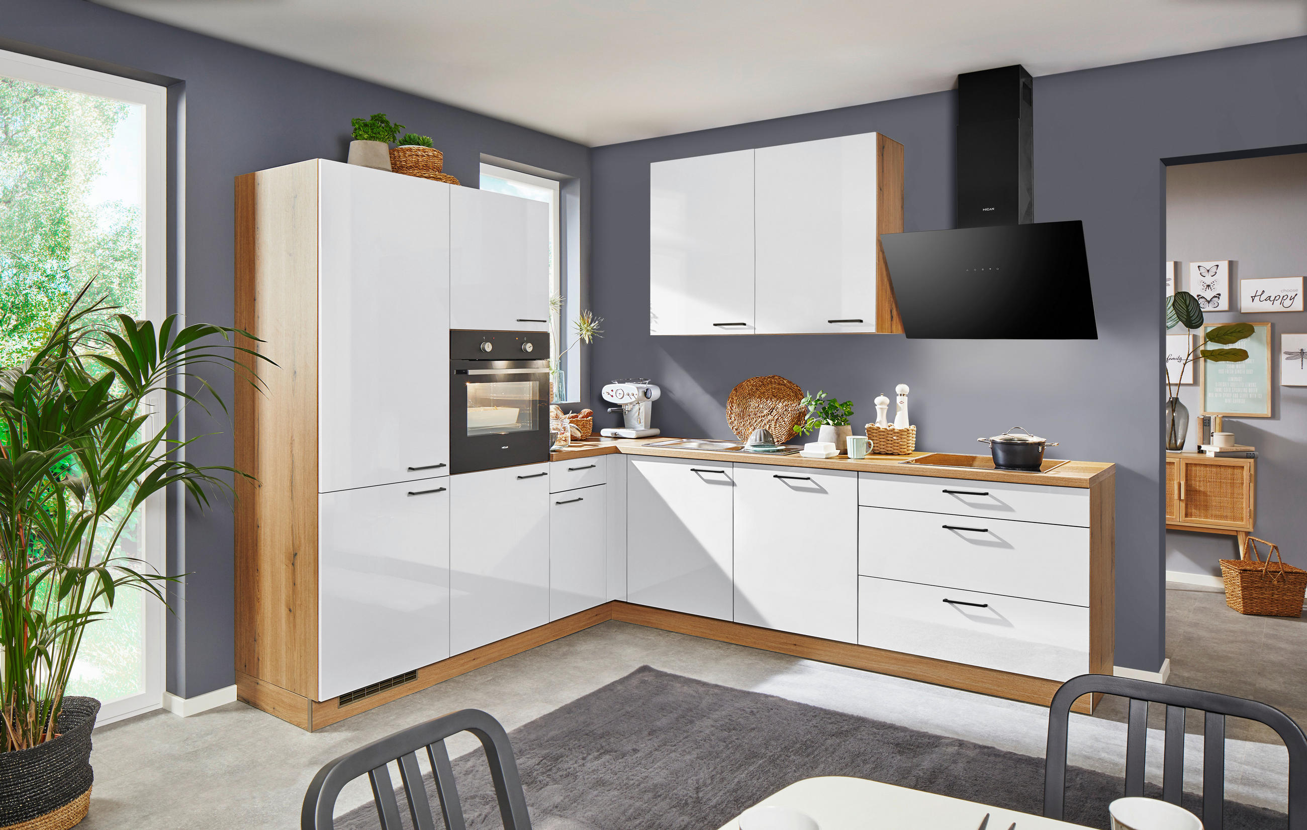 ECKKÜCHE 245/275 cm  in Eichefarben, Weiß Hochglanz  - Eichefarben/Weiß Hochglanz, Design, Holzwerkstoff/Metall (245/275cm) - Welnova