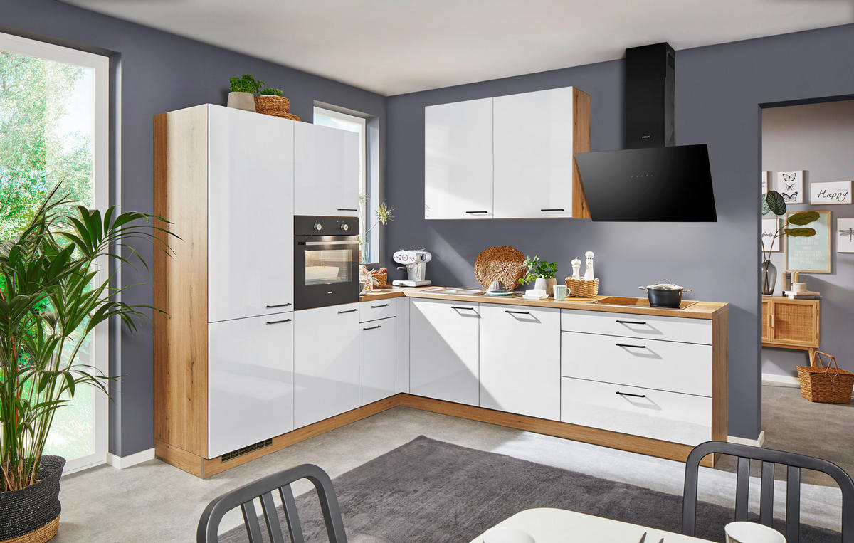 ECKKÜCHE 245/275 cm  in Eichefarben, Weiß Hochglanz  - Eichefarben/Weiß Hochglanz, Design, Holzwerkstoff/Metall (245/275cm) - Welnova