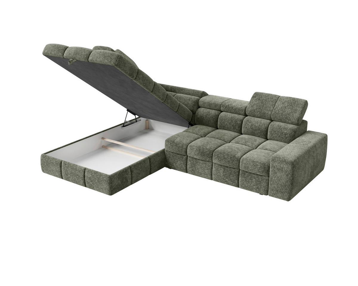 ECKSOFA Dunkelgrün Chenille Bettkasten, Schlaffunktion, Rücken echt, Kopfteilverstellung, Liegefläche im Originalstoff  - Dunkelgrün/Schwarz, MODERN, Kunststoff/Textil (204/292cm) - Milino