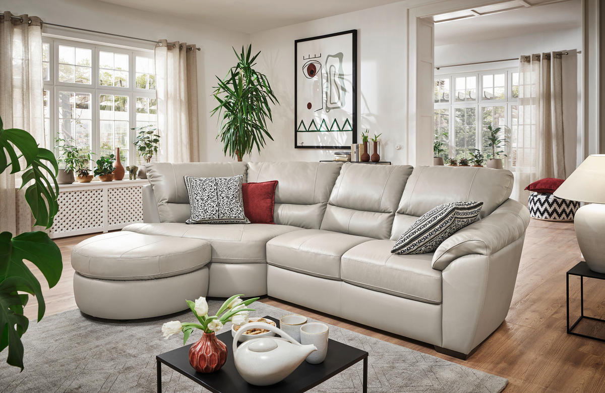 ECKSOFA Greige Kombination Echtleder/Lederlook  - Wengefarben/Greige, KONVENTIONELL, Leder/Holz (194/273cm) - Livetastic