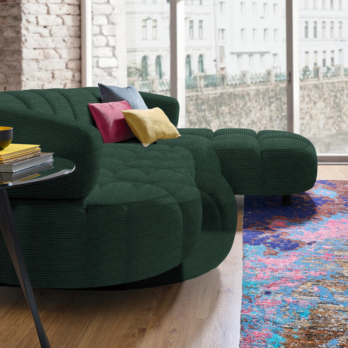 ECKSOFA in Cord, Velours Waldgrün  284/183 cm  - Waldgrün/Schwarz, Design, Holz/Textil (284/183cm) - Welnova