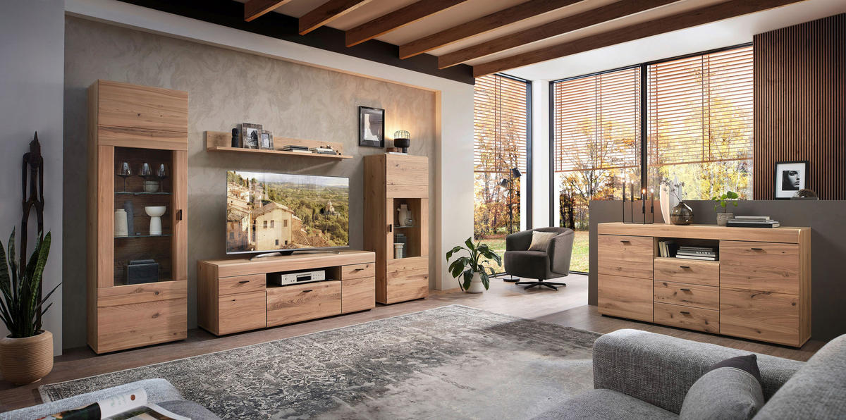 WOHNWAND  in Eschefarben, Eiche Artisan 305/194/49 cm  - Eschefarben/Schwarz, Design, Glas/Holz (305/194/49cm) - Linea Natura