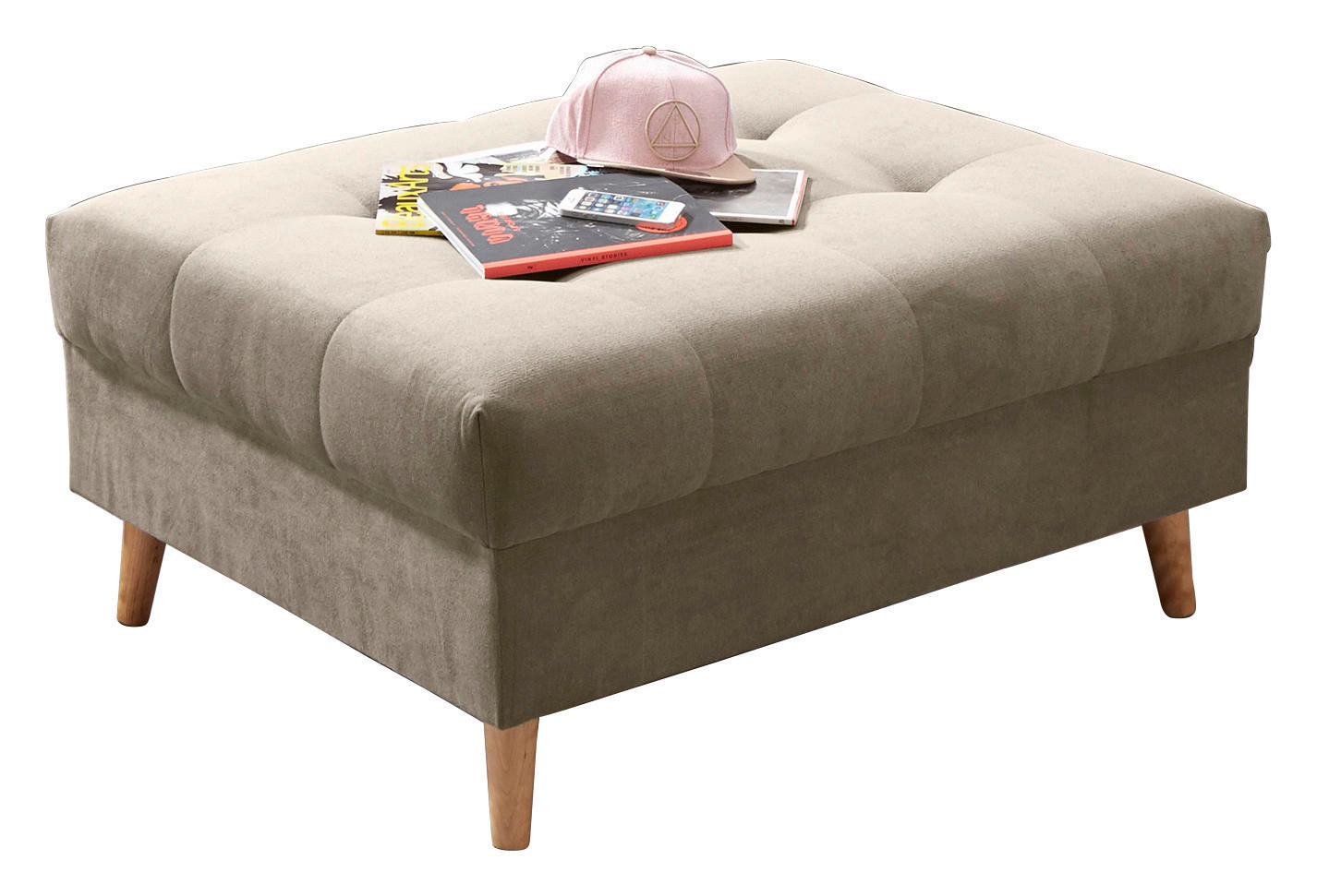 HOCKER Mikrovelours Sandfarben  - Sandfarben/Kieferfarben, KONVENTIONELL, Holz/Textil (106/48/80cm) - MID.YOU
