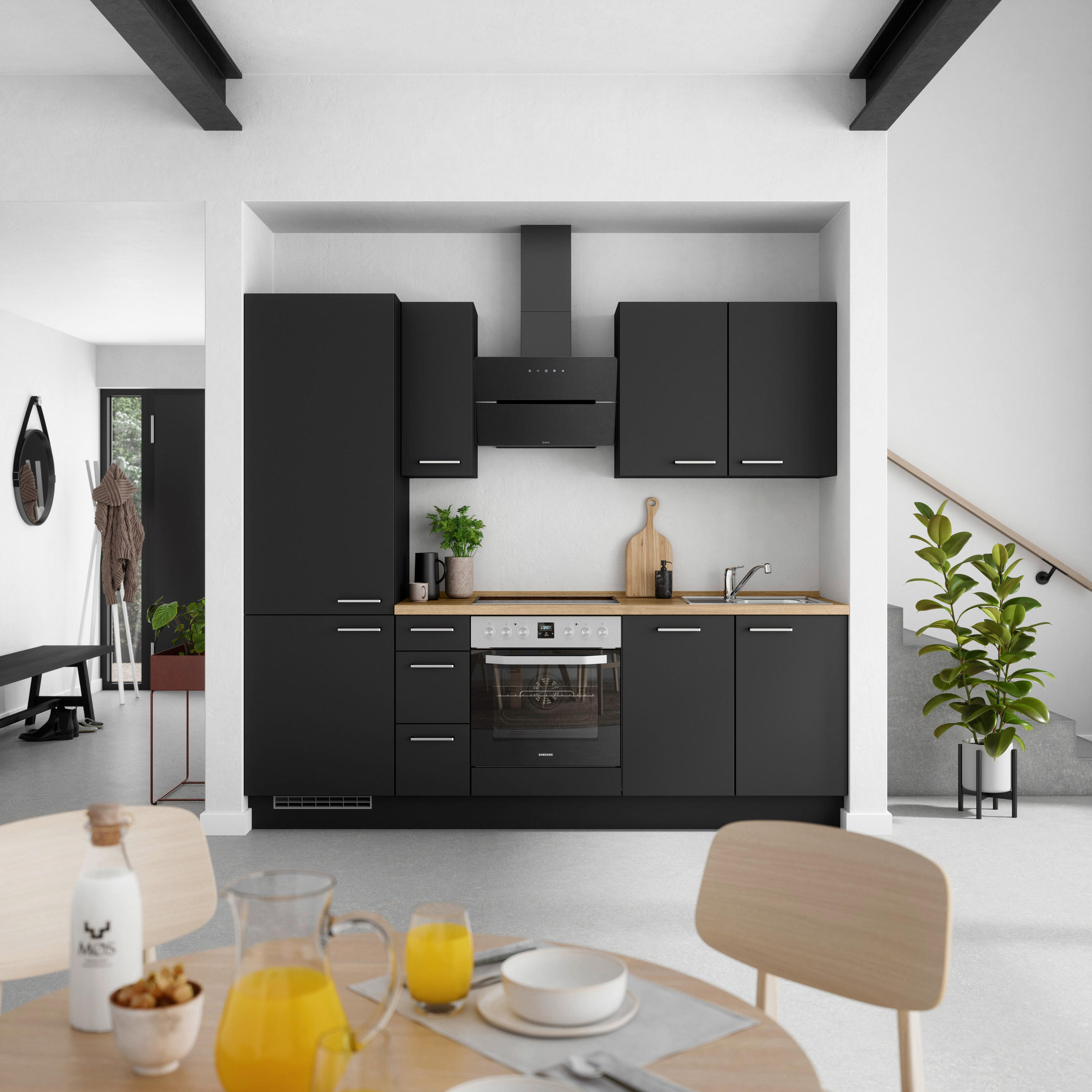 KÜCHENBLOCK 240 cm   in Schwarz, Eichefarben  - Edelstahlfarben/Eichefarben, MODERN, Holzwerkstoff/Metall (240cm) - Nobilia