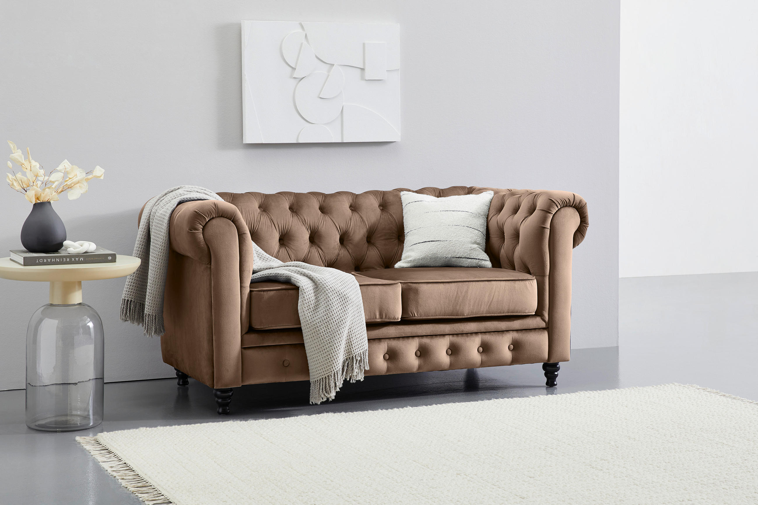 CHESTERFIELD-SOFA Samt Schwarz, Taupe - Taupe/Schwarz, Trend, Holz/Textil (165/73/87cm) - Xora