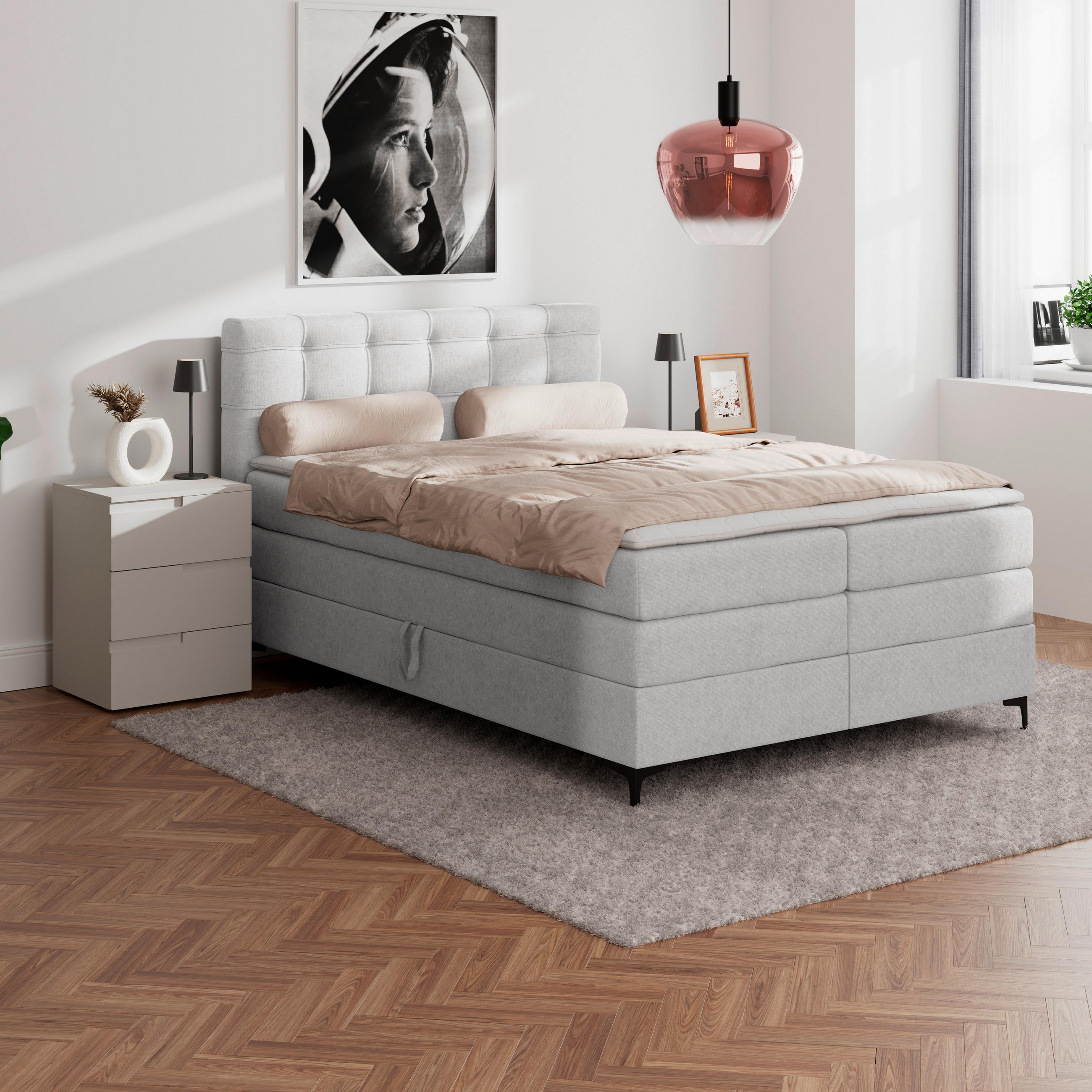 BOXSPRINGBETT 140/200 cm,  in Silberfarben, H3 = fest  - Silberfarben/Schwarz, KONVENTIONELL, Kunststoff/Textil (140/200cm)