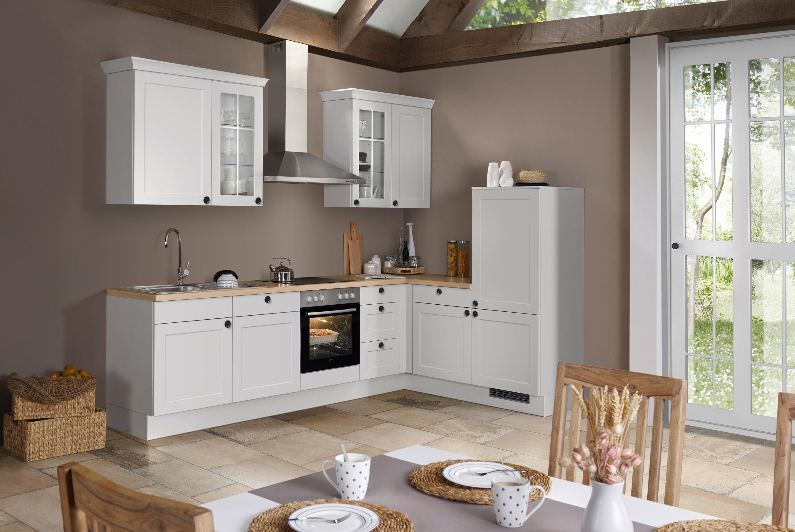 ECKKÜCHE 290,0/185,4 cm  in Hellgrau  - Eichefarben/Hellgrau, Basics, Glas/Holzwerkstoff (290,0/185,4cm) - Impuls