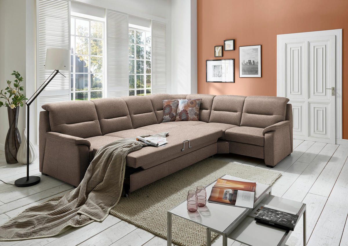 ECKSOFA in Mikrofaser Sandfarben  - Sandfarben/Schwarz, Konventionell, Holz/Textil (303/245cm) - Beldomo Comfort