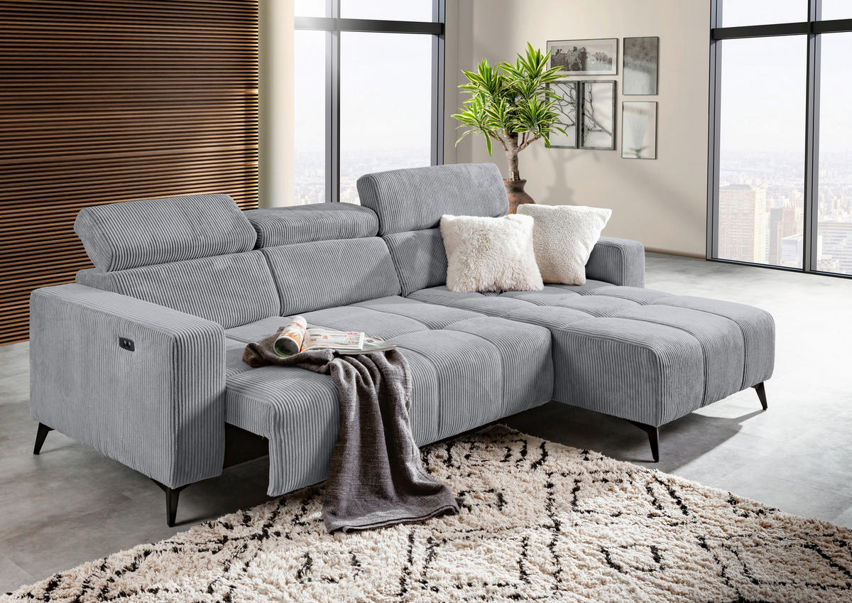 ECKSOFA Hellgrau Cord Rücken echt, Kopfteilverstellung, Sitzvorzug  - Hellgrau/Schwarz, KONVENTIONELL, Textil/Metall (257/170cm) - Carryhome