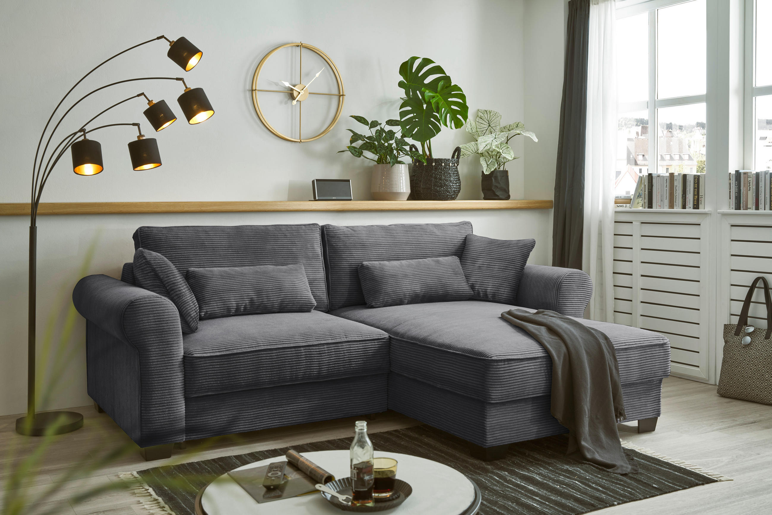 ECKSOFA in Cord Anthrazit  - Anthrazit/Schwarz, Basics, Kunststoff/Textil (255/92/185cm) - MID.YOU