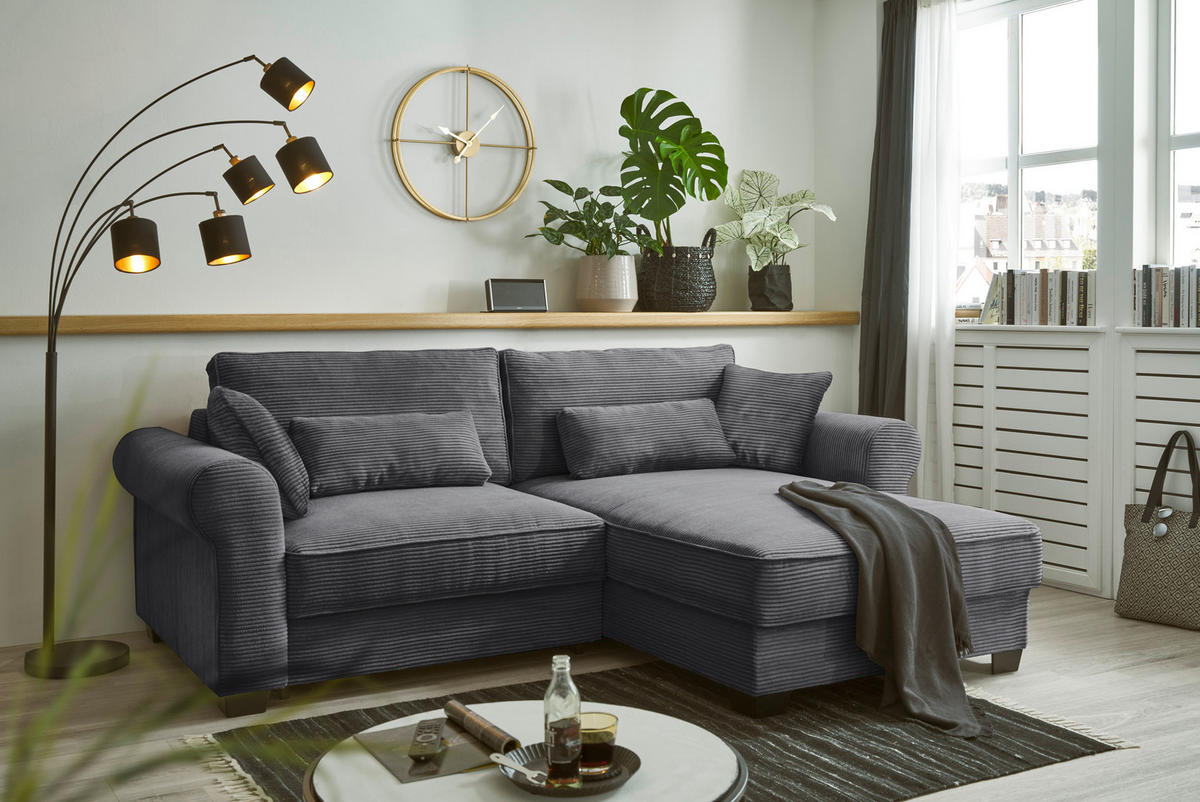 ECKSOFA Anthrazit Cord  - Anthrazit/Schwarz, Basics, Kunststoff/Textil (255/92/185cm) - MID.YOU