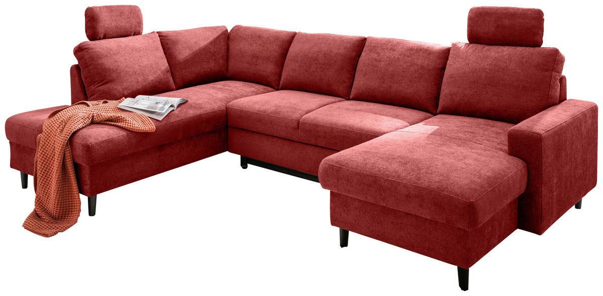 WOHNLANDSCHAFT in Chenille Rot  - Rot/Schwarz, Modern, Holz/Textil (200/305/153cm) - Livetastic