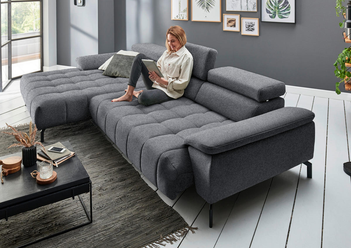 ECKSOFA in Chenille Grau  190/329 cm  - Schwarz/Grau, Design, Textil/Metall (190/329cm) - Beldomo Style