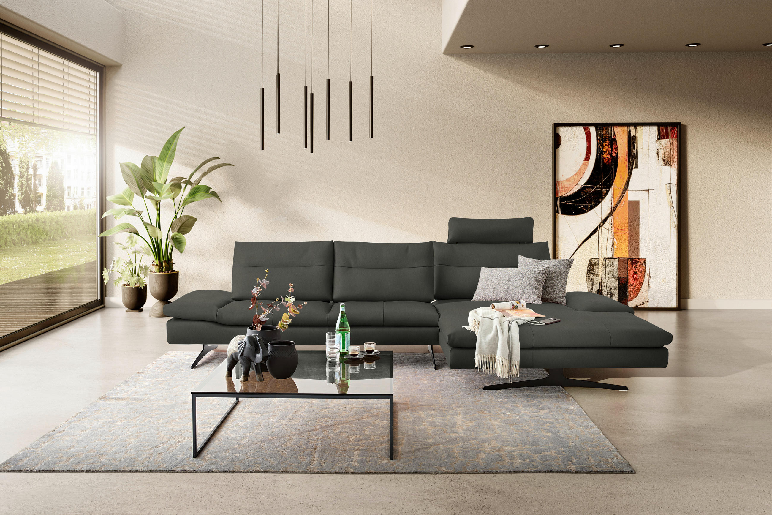 ECKSOFA in Echtleder Graphitfarben  342/158 cm  - Schwarz/Graphitfarben, MODERN, Leder/Metall (342/158cm) - Chilliano