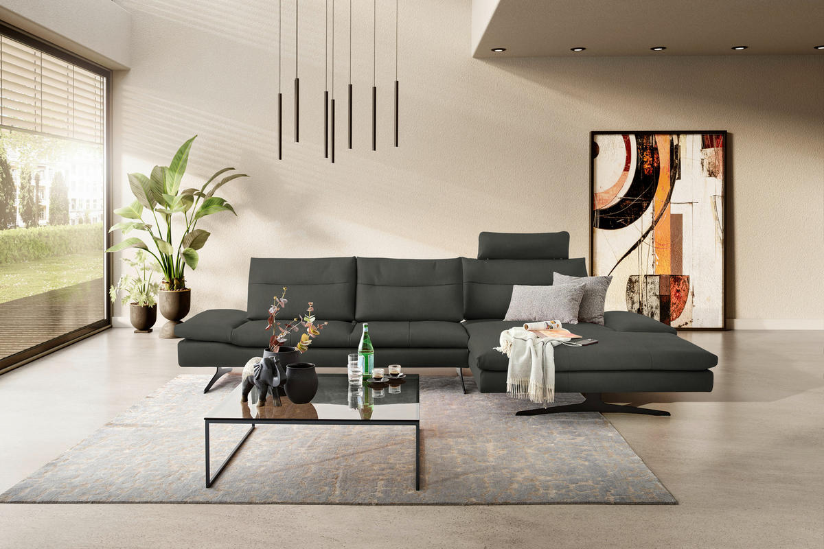 ECKSOFA in Echtleder Graphitfarben  - Schwarz/Graphitfarben, Modern, Leder/Metall (342/158cm) - Chilliano